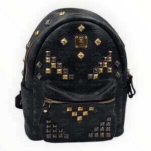 MCM Stark Small Backpack Black Visetos Gold Silver Studded Authentic W/ Coa